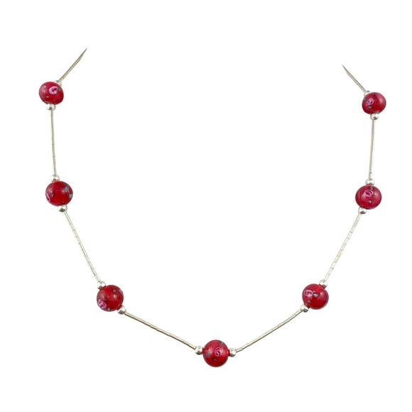 Red Floral Design Glass Bead Station Necklace | NWOT Sterling Silver 925 | 16" - Picture 1 of 6